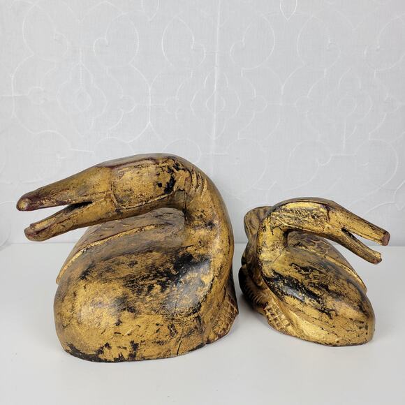 Vintage Carved Italian Wood Ducks Gold Brown 12" 8" Statues‎ 1960s Gilded Large - Picture 12 of 16